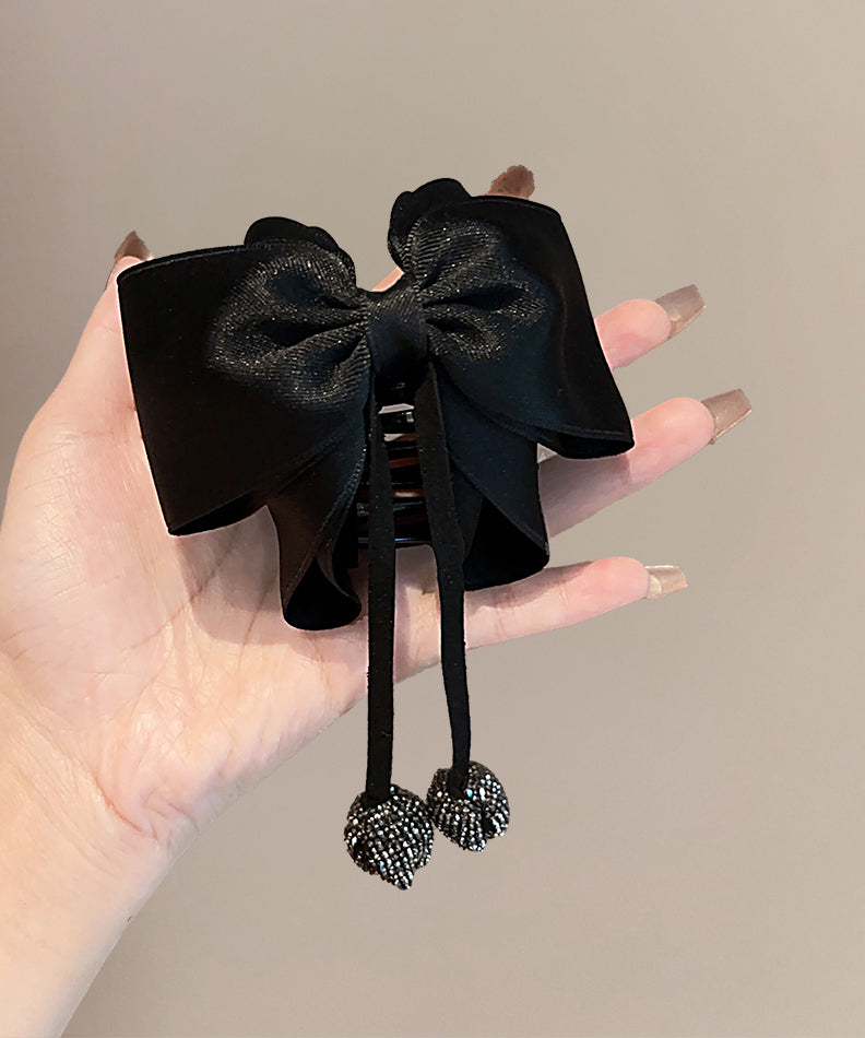 Modern Black Cotton Zircon Bow Ribbon Hairpin