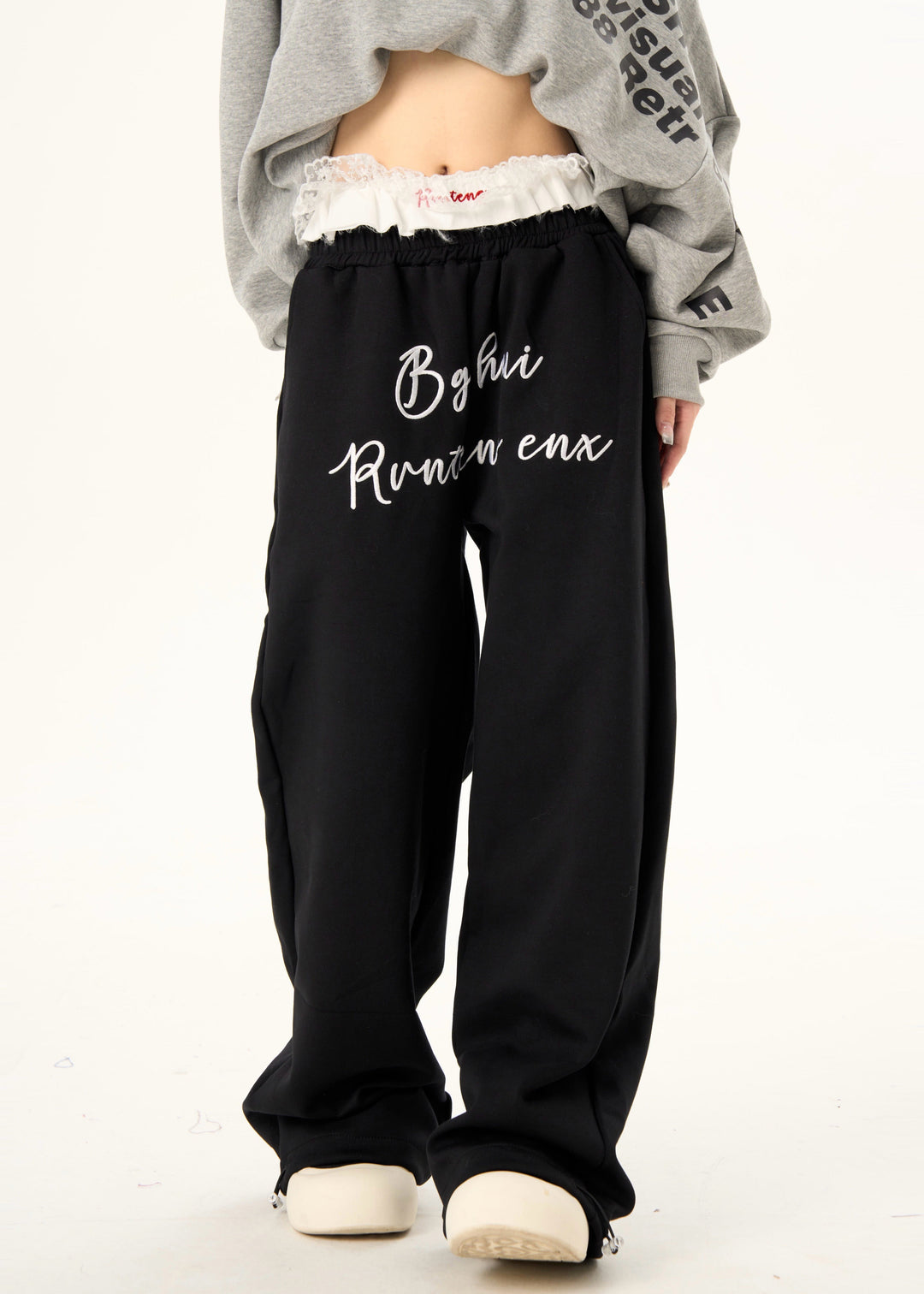 Modern Black Letter Print Cotton Straight Pants Spring