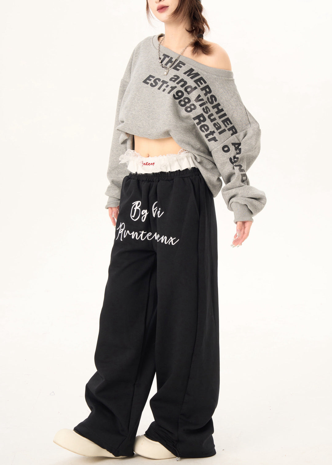 Modern Black Letter Print Cotton Straight Pants Spring