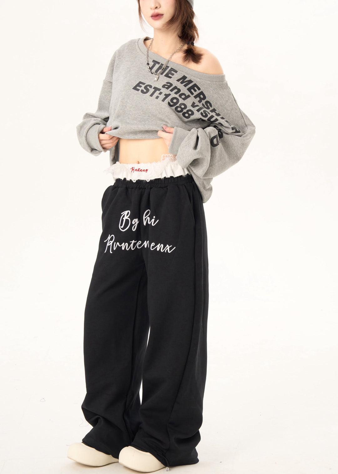 Modern Black Letter Print Cotton Straight Pants Spring