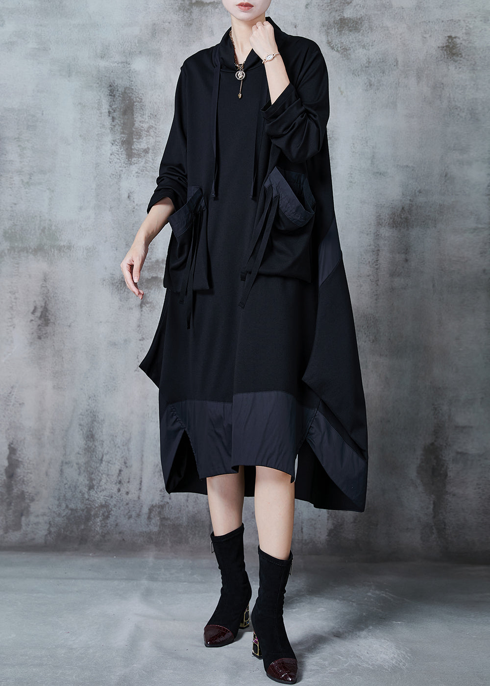 Modern Black Oversized Patchwork Cotton Long Dress Spring