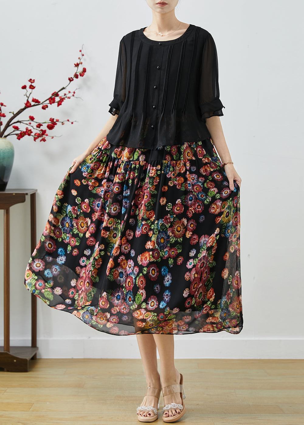 Modern Black Oversized Patchwork Print Chiffon Long Dress Summer