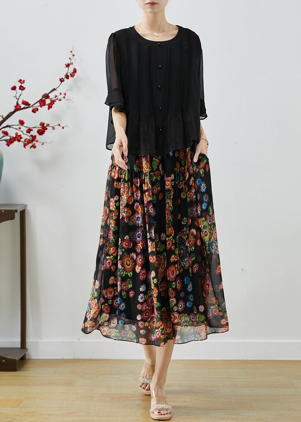 Modern Black Oversized Patchwork Print Chiffon Long Dress Summer