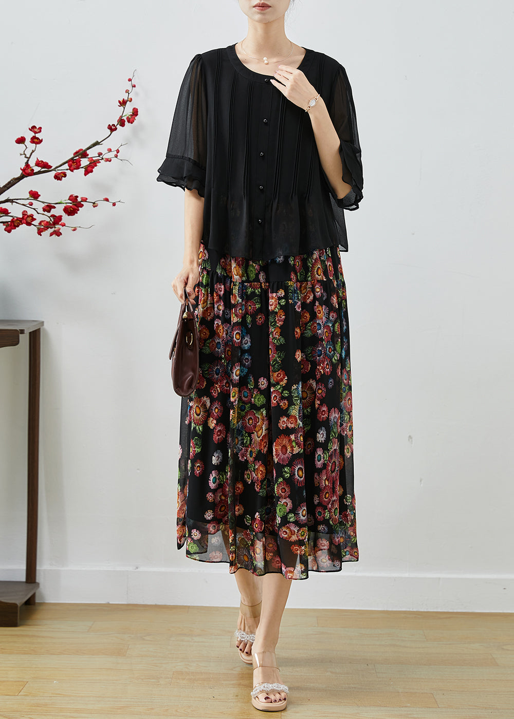 Modern Black Oversized Patchwork Print Chiffon Long Dress Summer