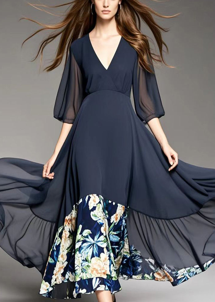 Modern Black V Neck Patchwork Print Chiffon Dress Summer