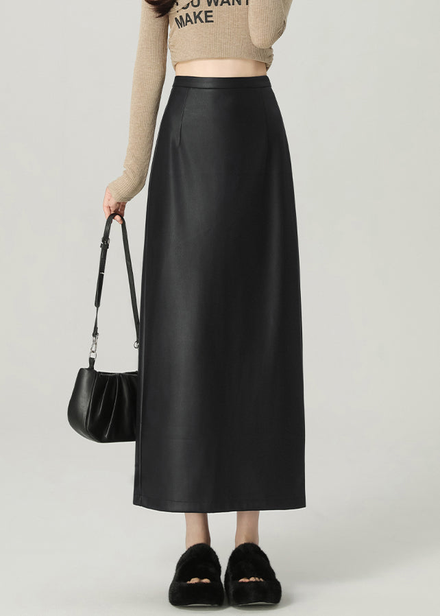 Modern Black Zippered Side Open Faux Leather Skirts Winter