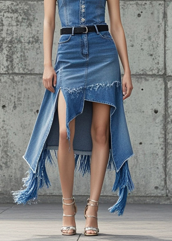 Modern Blue Asymmetrical Tasseled Denim Skirts Fall