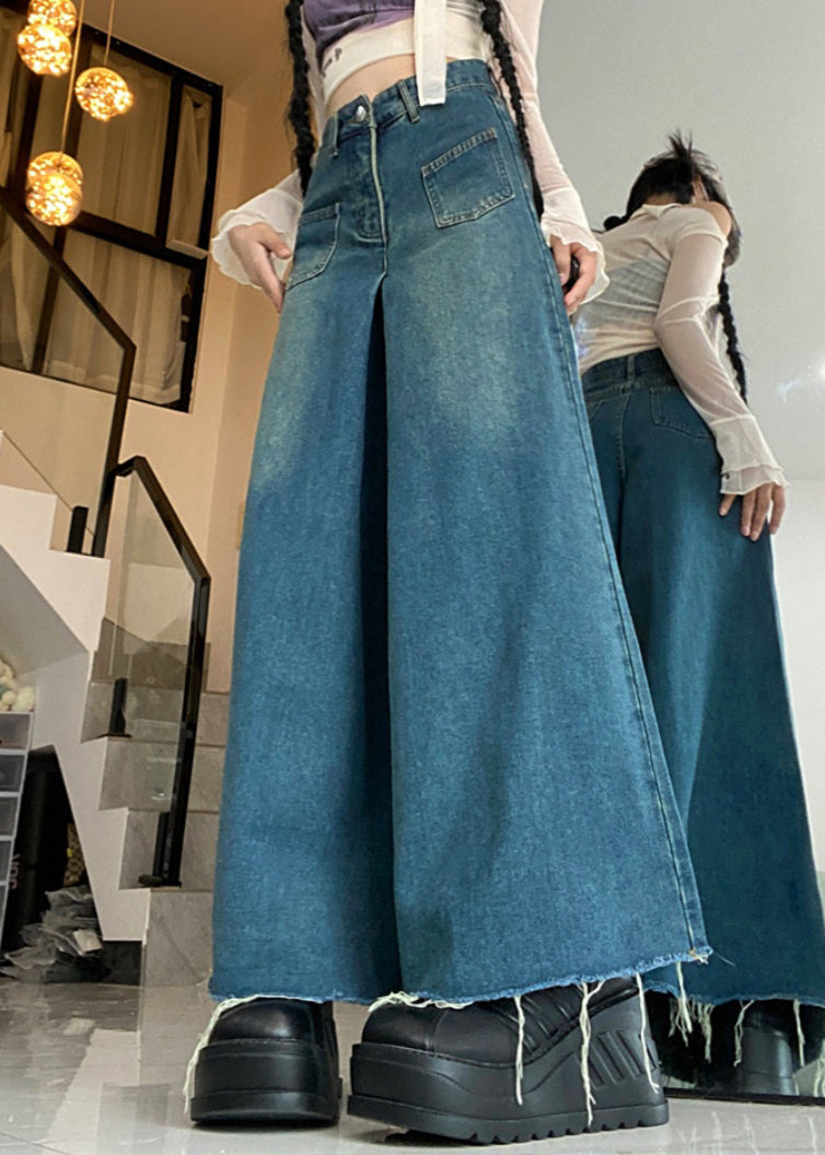 Modern Blue Button Pockets High Waist Denim Pants Fall