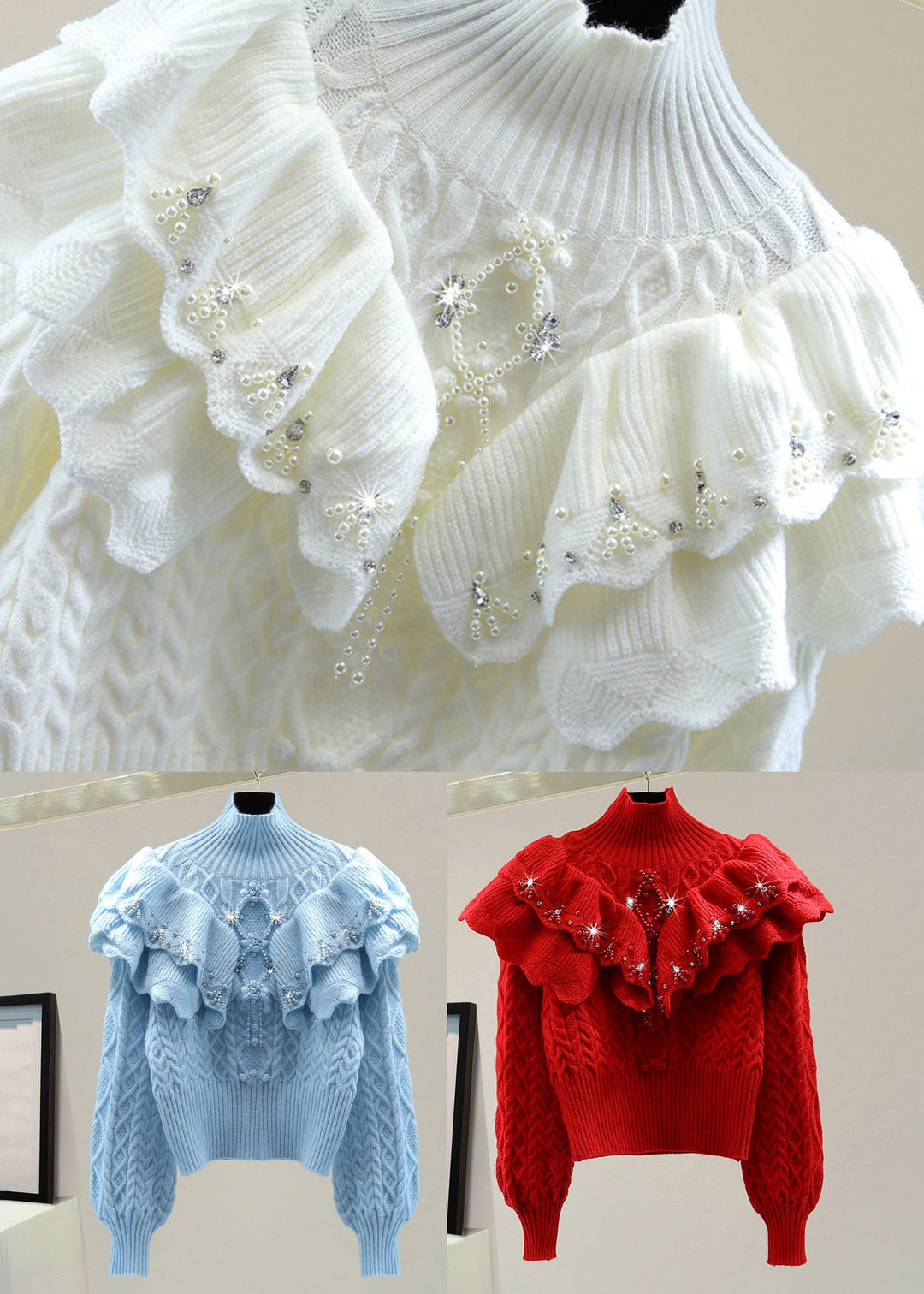 Modern Blue Cable Cotton Knit Sweater Nail Bead Winter