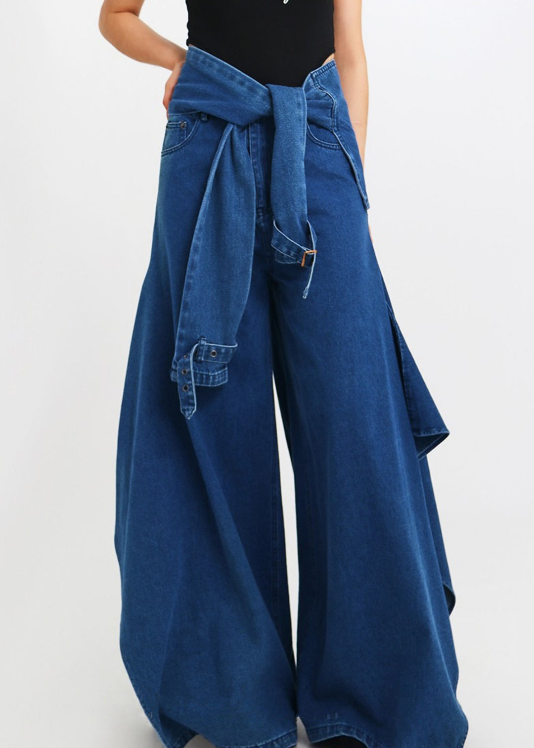 Modern Blue Original Design Lace Up Denim Wide Leg Pants Spring