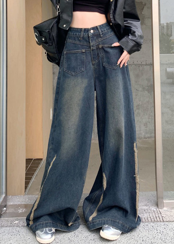 Modern Blue Pockets High Waist Denim Wide Leg Pants Fall