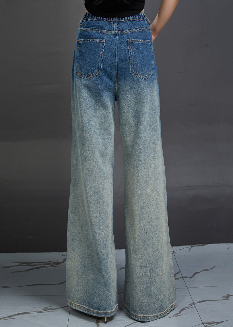 Modern Blue Print Pockets High Waist Denim Pants Fall