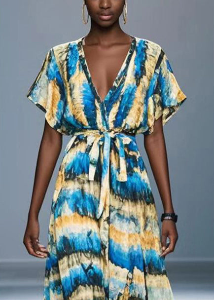 Modern Blue Tie Waist Print Chiffon Dress Summer