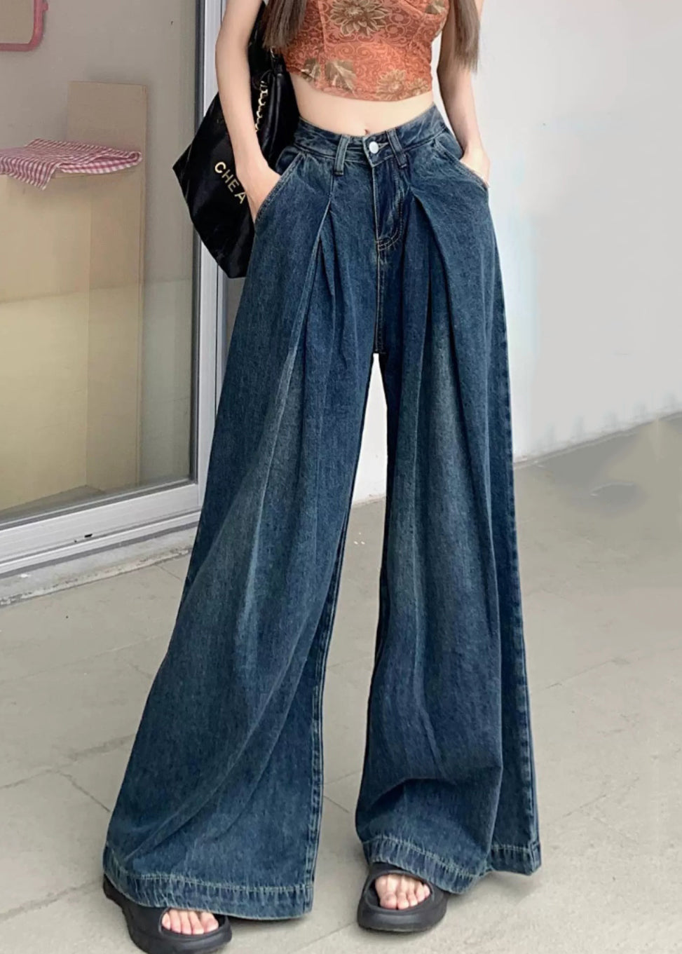 Modern Blue Wrinkled Pockets Denim Wide Leg Pants Summer