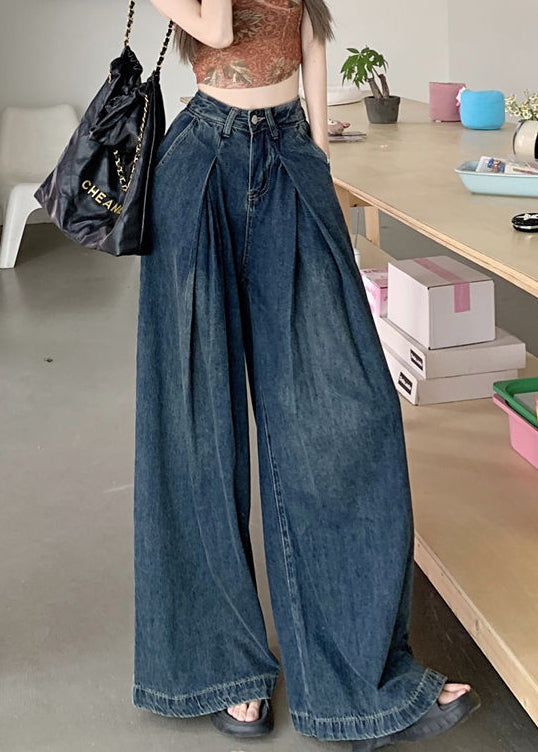 Modern Blue Wrinkled Pockets Denim Wide Leg Pants Summer