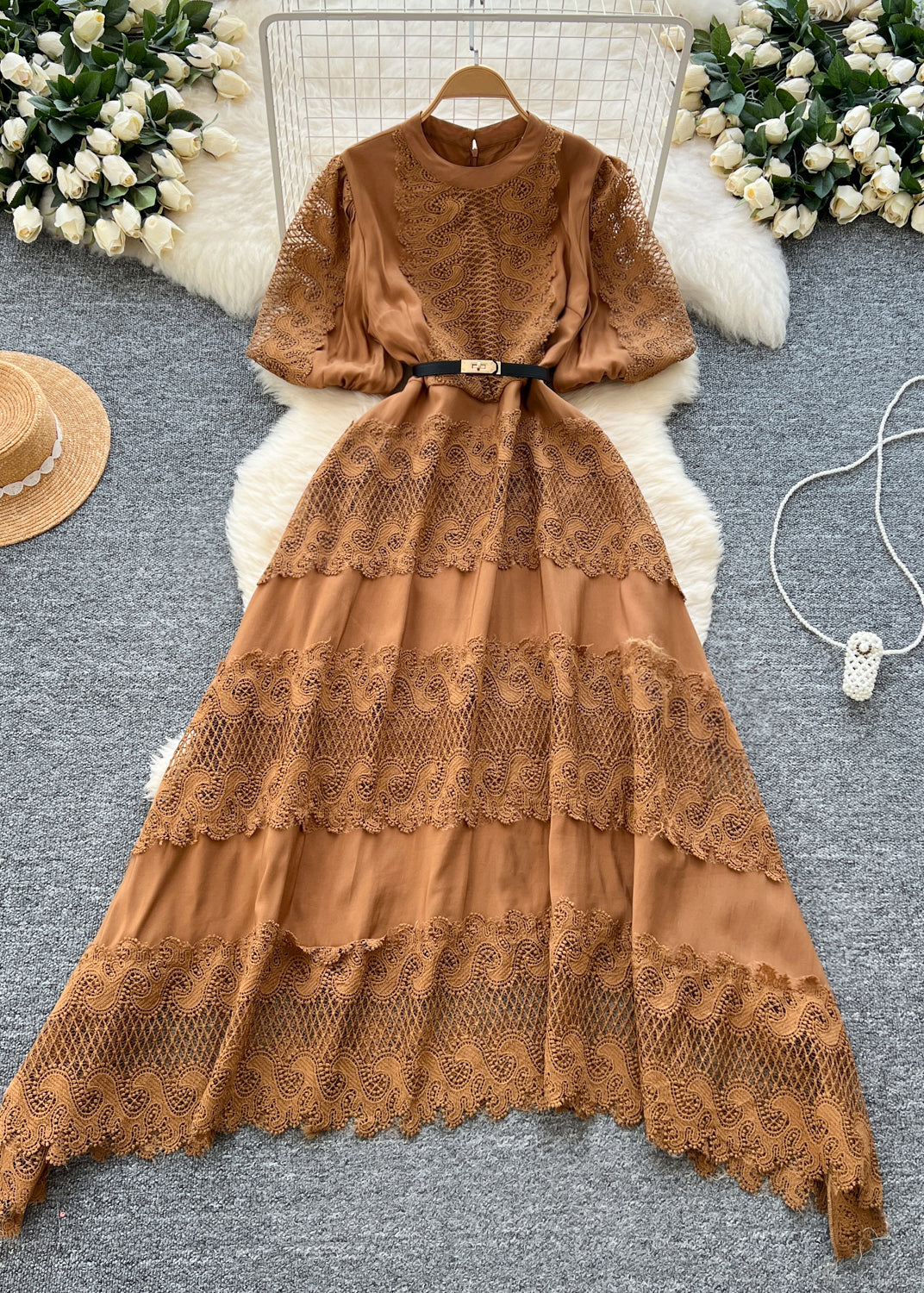 Modern Brown Hollow Out Patchwork Lace Dresses Summer