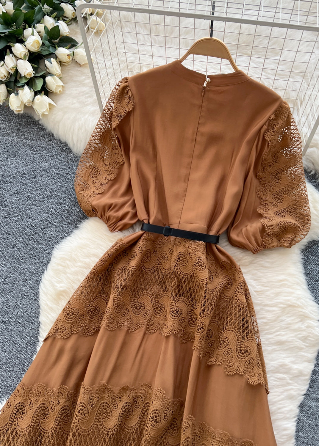 Modern Brown Hollow Out Patchwork Lace Dresses Summer