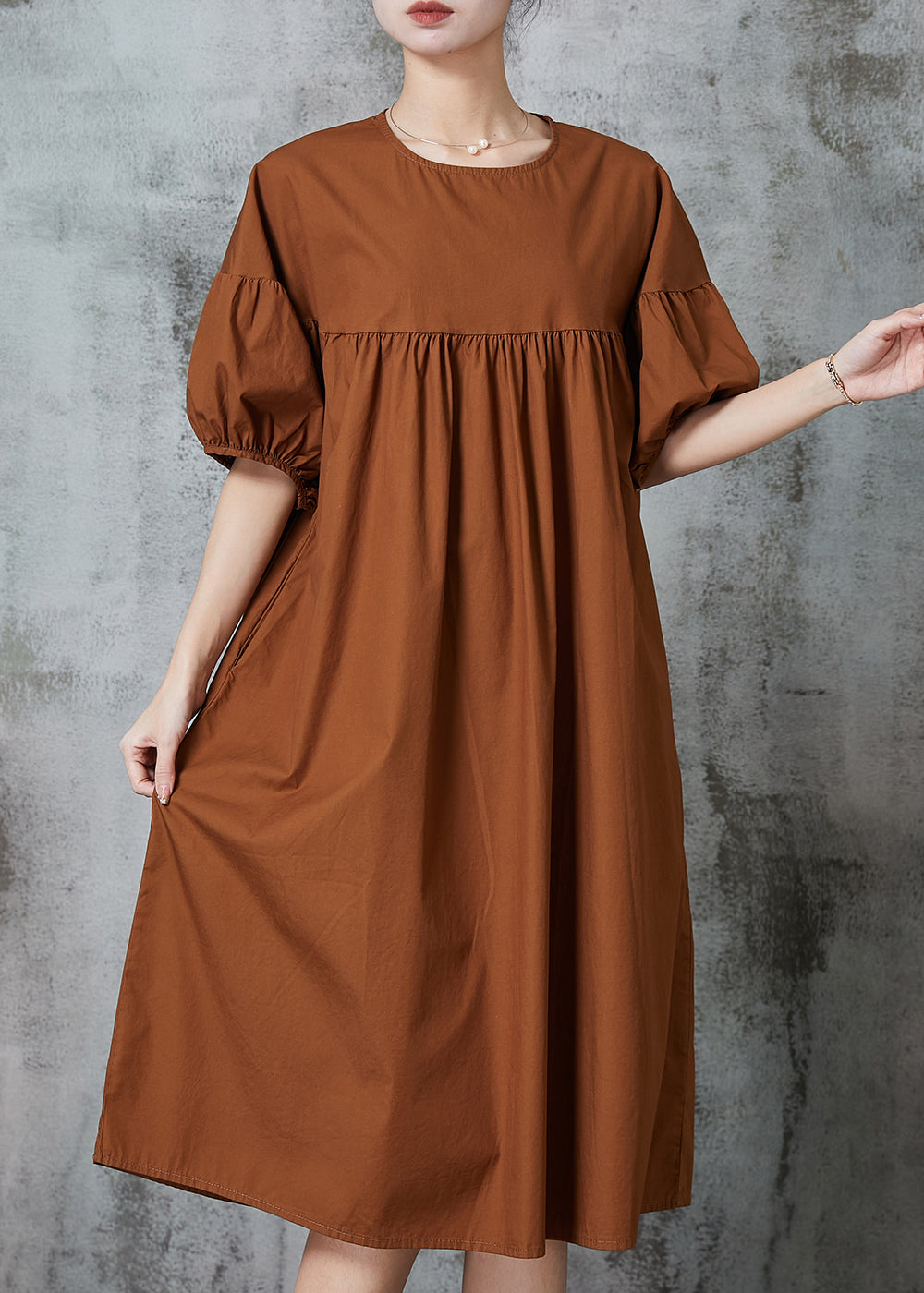 Modern Caramel Puff Sleeve Patchwork Cotton Dresses Summer