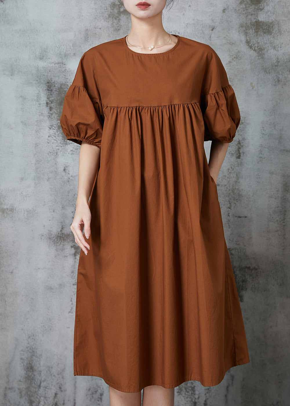 Modern Caramel Puff Sleeve Patchwork Cotton Dresses Summer