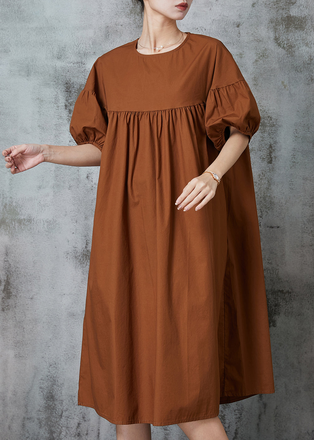 Modern Caramel Puff Sleeve Patchwork Cotton Dresses Summer