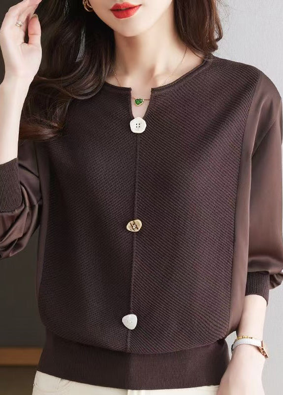 Modern Coffee O Neck Patchwork Knit Top Spring