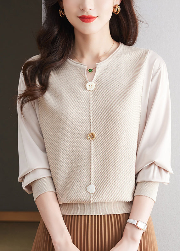 Modern Coffee O Neck Patchwork Knit Top Spring