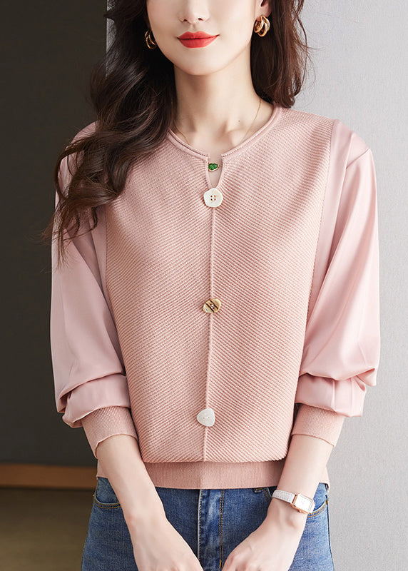 Modern Coffee O Neck Patchwork Knit Top Spring