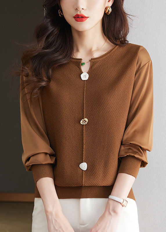 Modern Coffee O Neck Patchwork Knit Top Spring