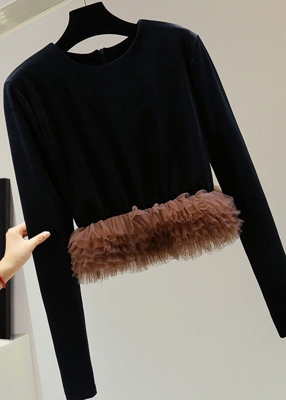 Modern Coffee O-Neck Tulle Patchwork Silk Velvet Sweater Winter