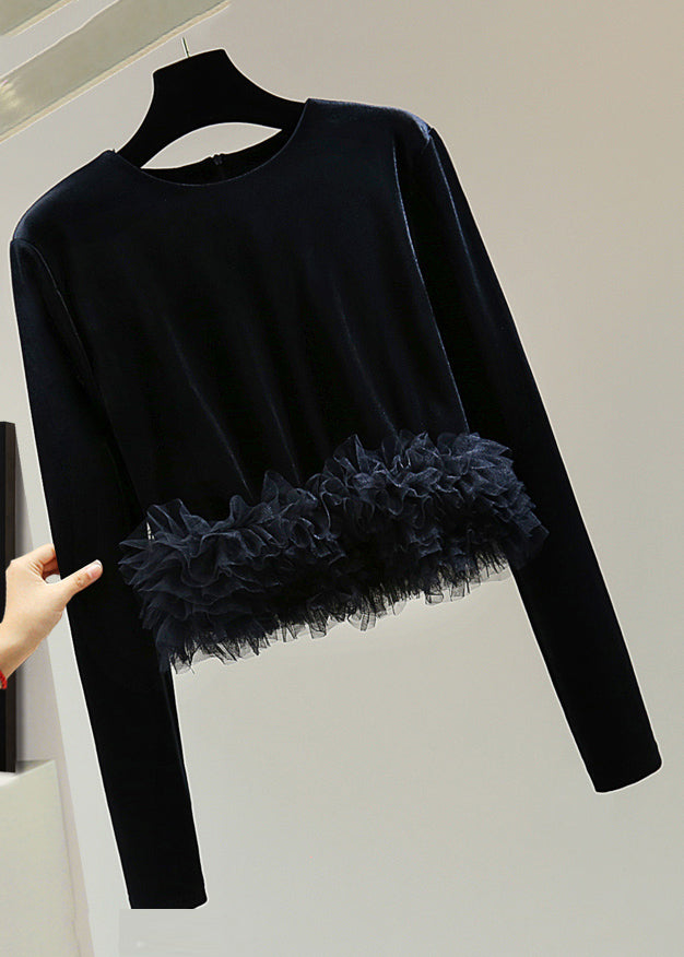 Modern Coffee O-Neck Tulle Patchwork Silk Velvet Sweater Winter