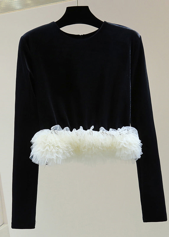 Modern Coffee O-Neck Tulle Patchwork Silk Velvet Sweater Winter