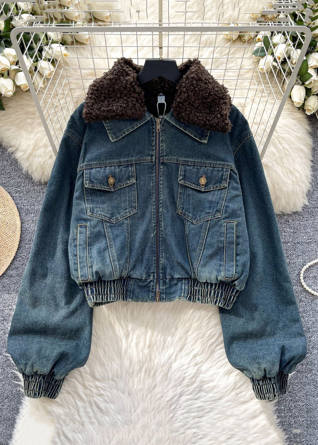 Modern Dark Blue Fur Collar Pockets Denim Parkas Winter