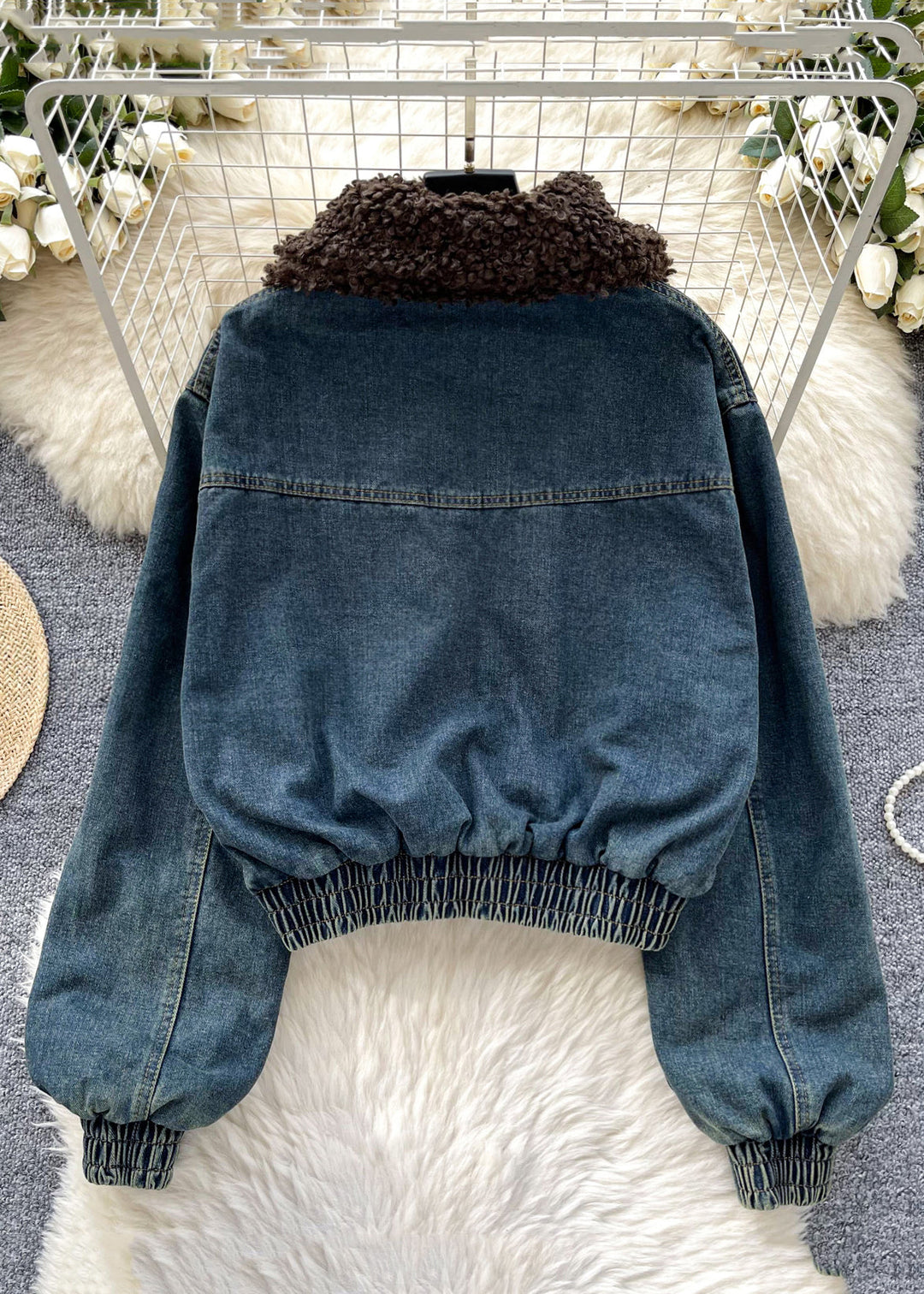 Modern Dark Blue Fur Collar Pockets Denim Parkas Winter