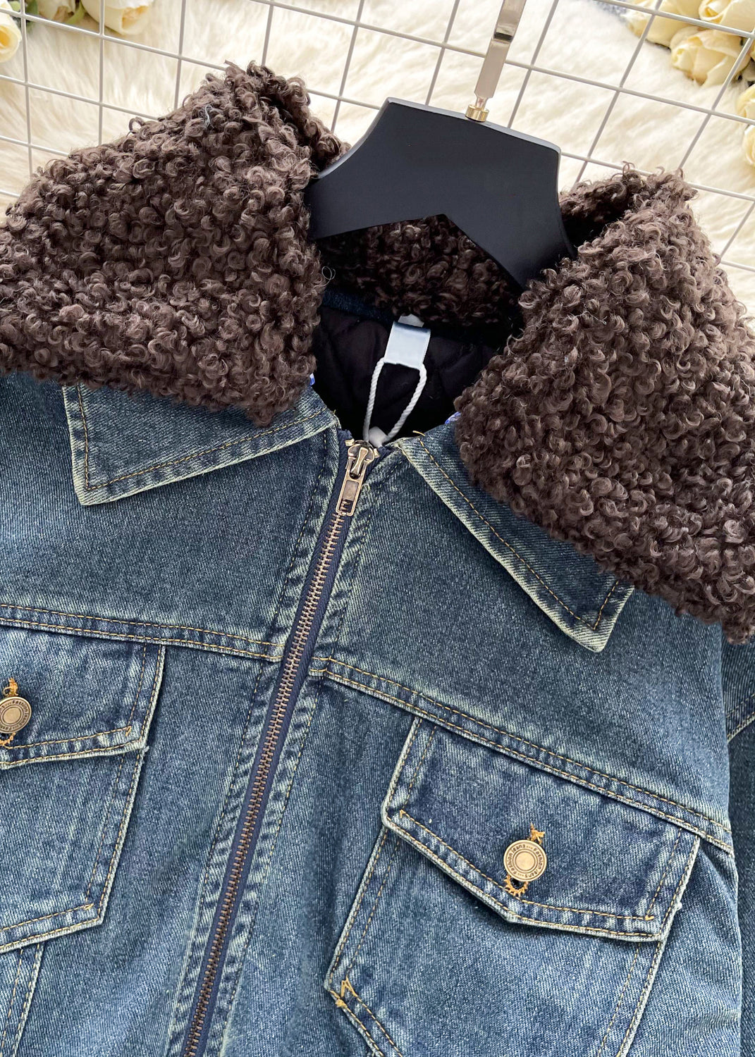 Modern Dark Blue Fur Collar Pockets Denim Parkas Winter