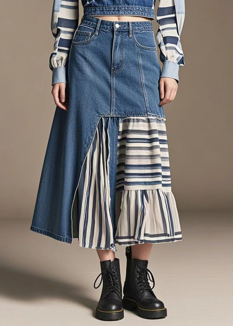 Modern Denim Blue Asymmetrical Patchwork Contton Skirts Spring