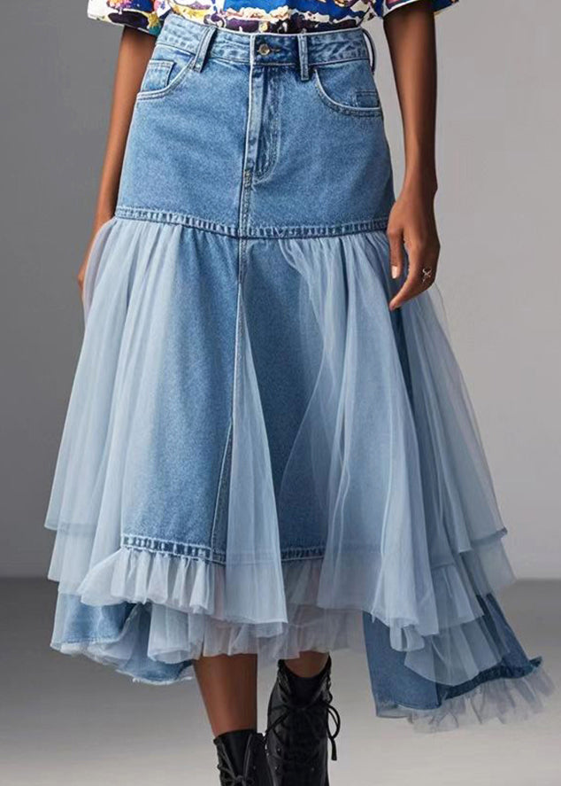 Modern Denim Blue Asymmetrical Patchwork Tulle Skirts Spring