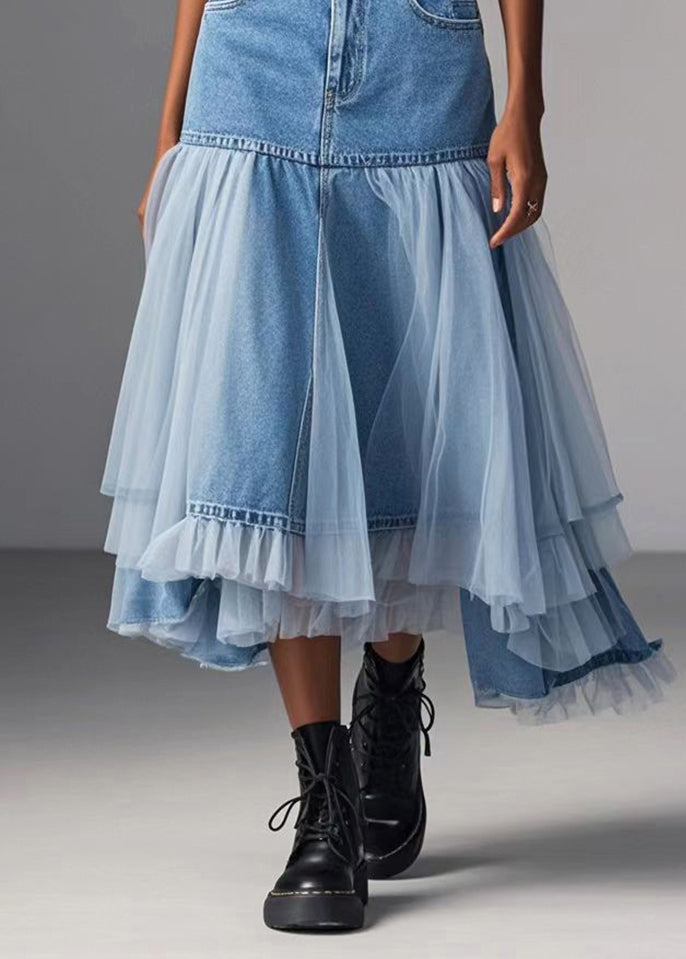 Modern Denim Blue Asymmetrical Patchwork Tulle Skirts Spring