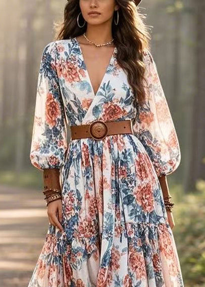 Modern Flower Print Exra Large Hem Cotton Vacation Dress Spring