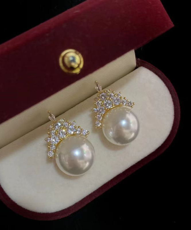 Modern Gold Copper Alloy Zircon Crown Pearl Stud Earrings