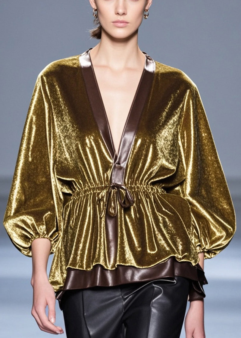 Modern Golden Cinched Patchwork Silk Velour Shirts Fall