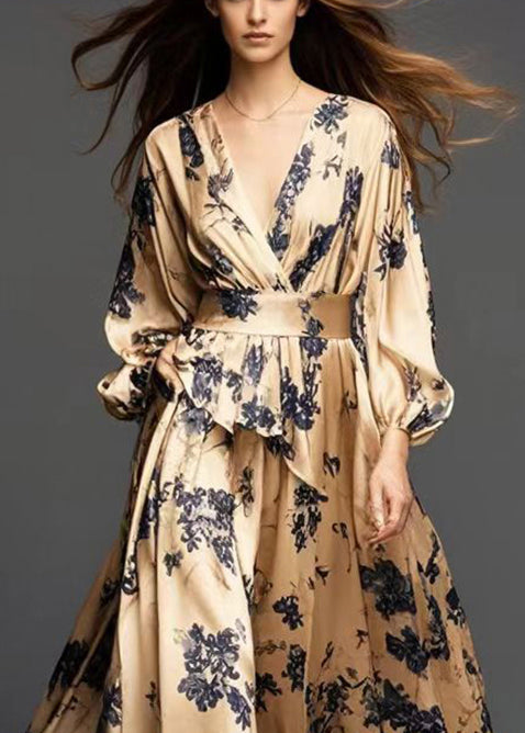 Modern Golden Cinched Print Silk Dress Fall