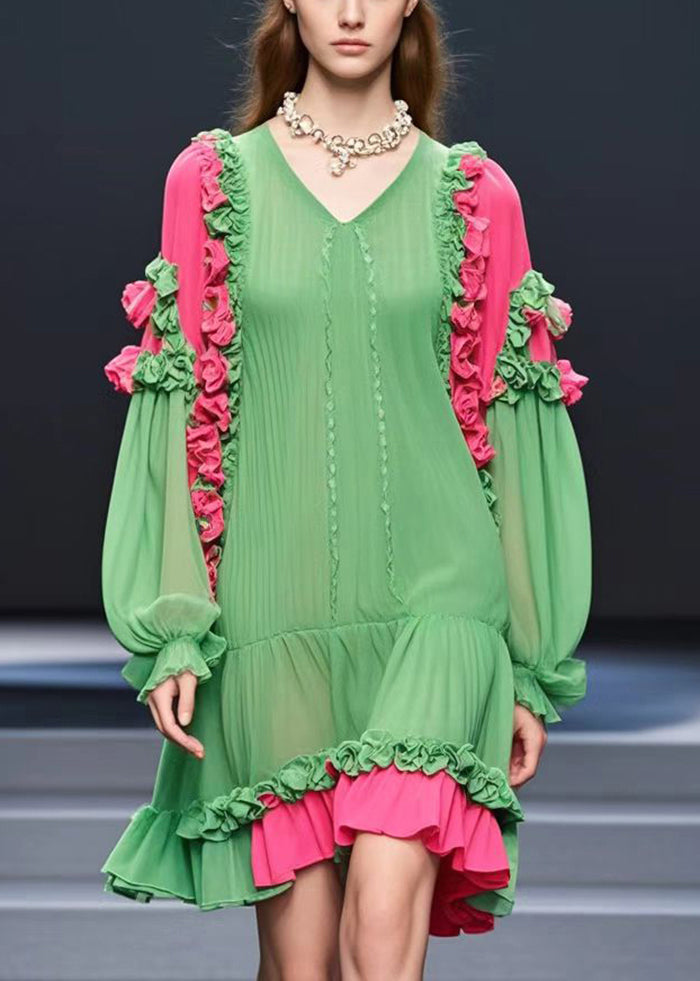 Modern Grass Green Ruffled Floral Chiffon Tea Dresses Fall