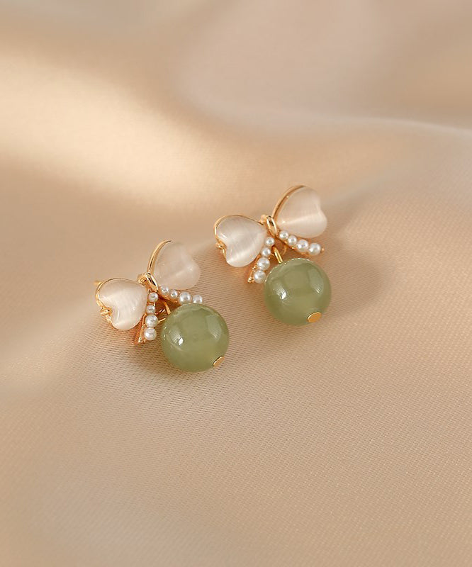 Modern Green Copper Jade Pearl Butterfly Drop Earrings