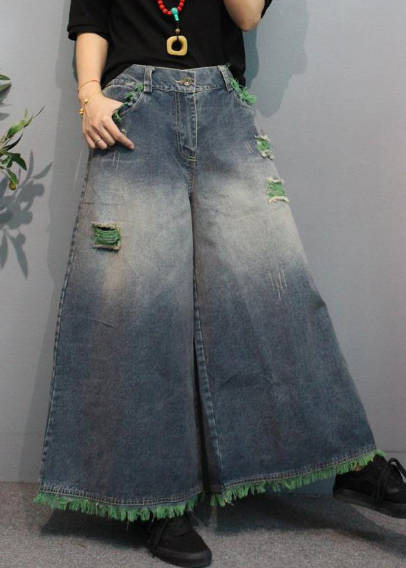 Modern Green Pockets High Waist Denim Wide Leg Pants Summer