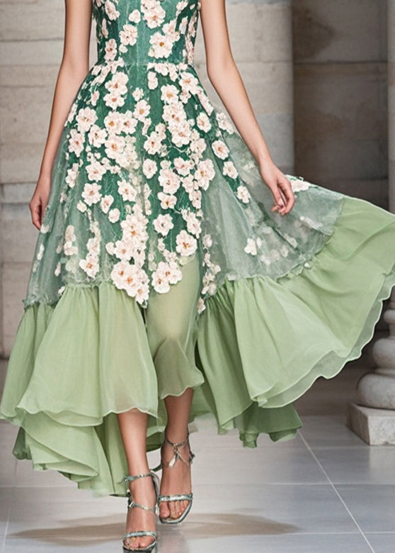 Modern Green Three-dimensional Chrysanthemum Exra Large Hem Chiffon Party Dress Summer