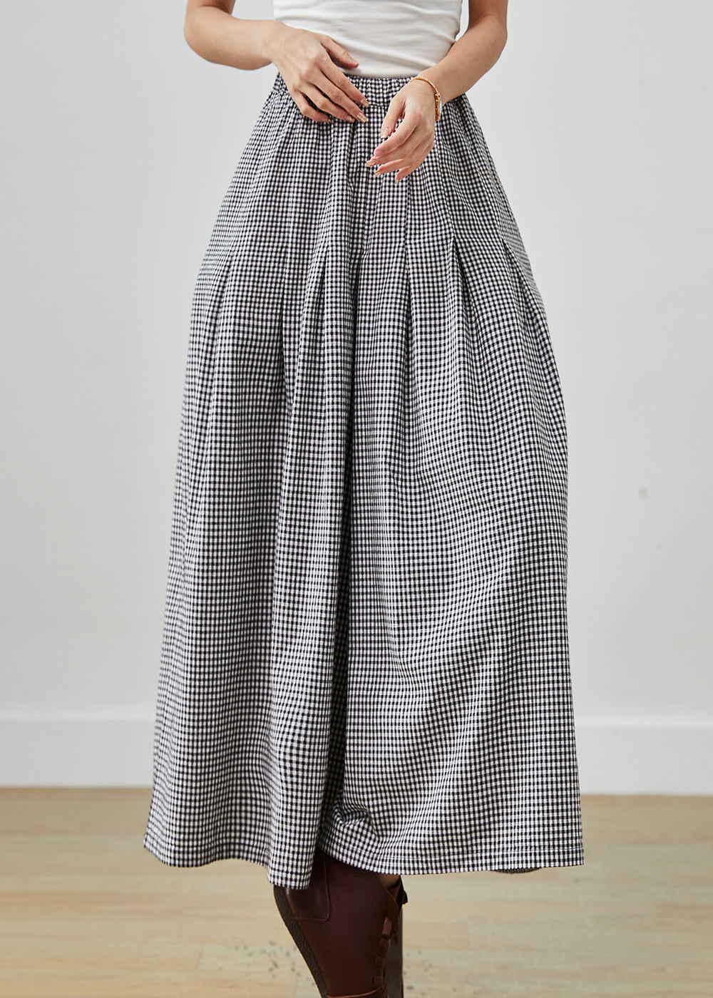 Modern Grey Elastic Waist Plaid Linen Wide Leg Pants Spring