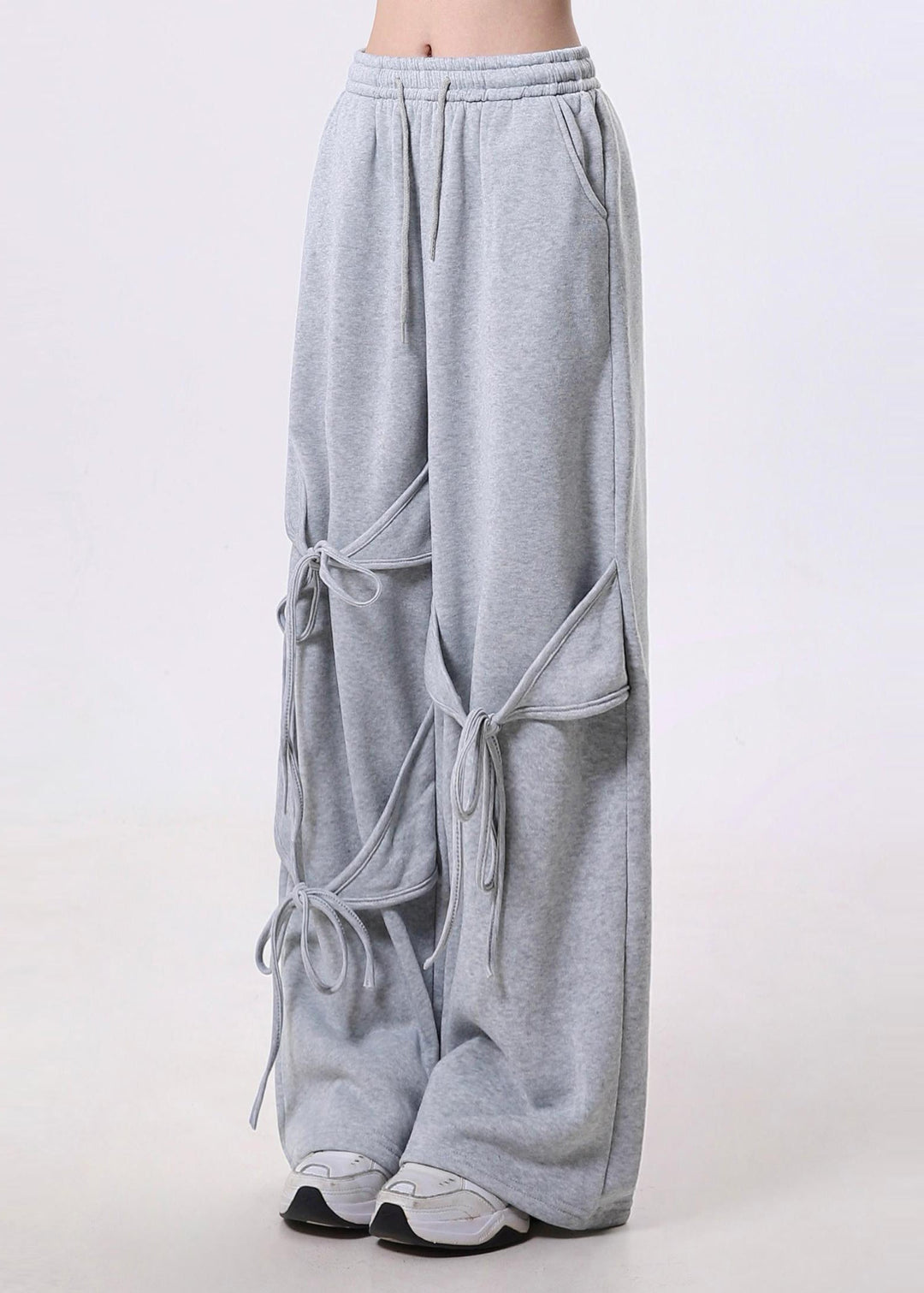 Modern Grey Oversized Lace Up Cotton Straight Pants Spring