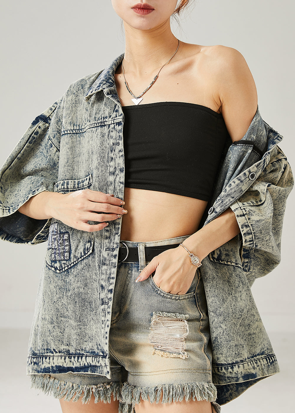 Modern Grey Oversized Pockets Denim Jacket Summer