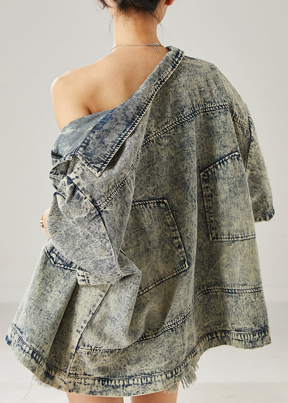 Modern Grey Oversized Pockets Denim Jacket Summer