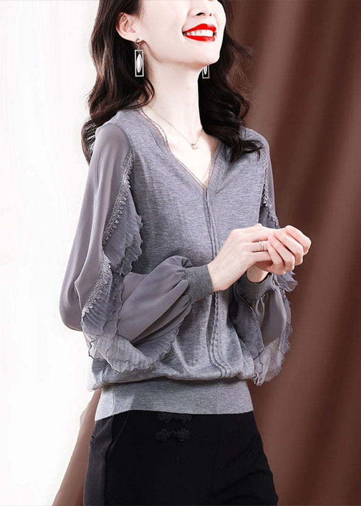 Modern Grey V Neck Ice Silk Patchwork Knit Top Spring